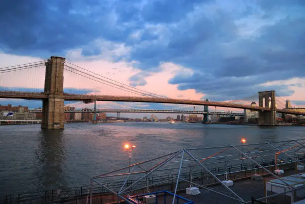 New York City Brooklyn Bridge with Manhattan skyline panorama at sunset