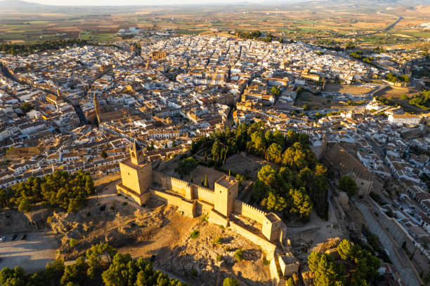 Drone skyline view of Antequera, Spanish town in Andalucia, Spain stock photo