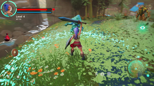 Colourful Video Game Mock-up: Gameplay of 3D Open World Fantasy Role Playing Game Featuring Female Hero Character on Adventure Fighting Monsters, Leveling Up, Finishing Quest with Victory Screen