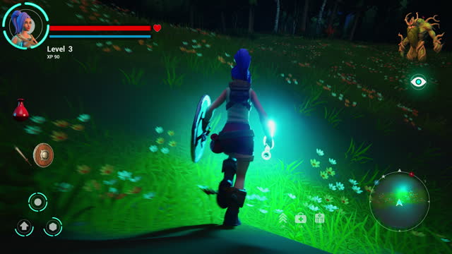 Night Video Game Mock-up: Playable Character in 3D Fantasy Role Playing Video Game. Female Hero Character on Adventure, Running and Exploring Surroundings Holding a Glowing Magical Sword