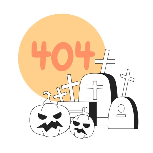 Vector illustration of Tombstones pumpkins with moon black white error 404 flash message