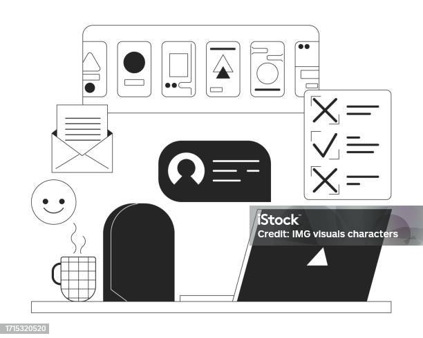 Keyfeatures Vector Bw Workplace Bw Concept Vector Spot Illustration Stock Illustration ...