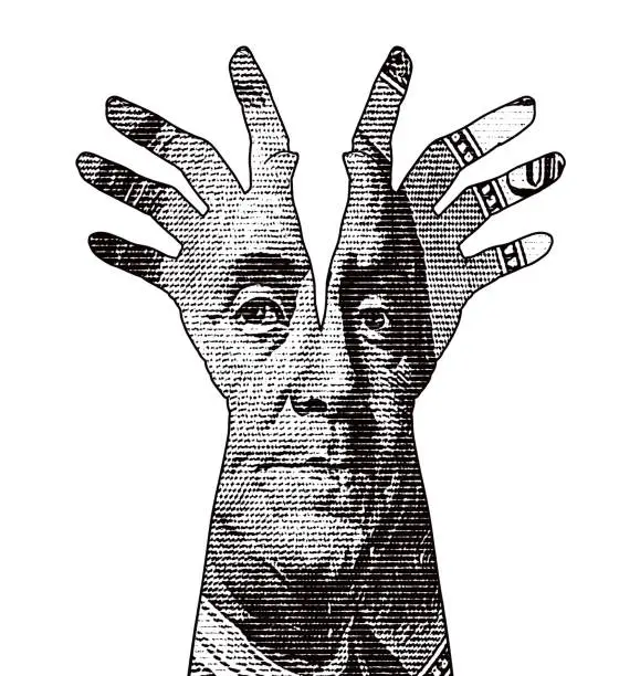 Vector illustration of Ben Franklin and hands reaching