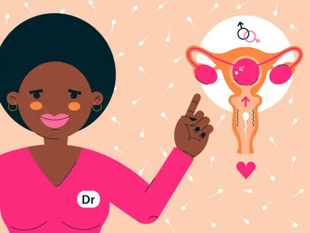Vector illustration of African ethnicity gynecologist medical gown and a picture of the female reproductive organs