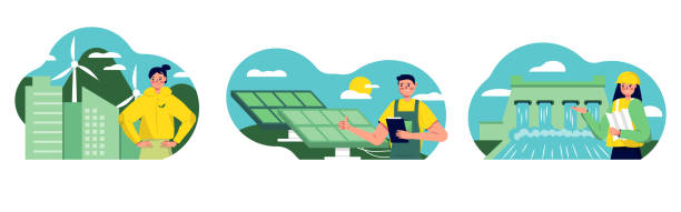 istock Set of young engineers standing at different locations for obtaining green energy 1715334211