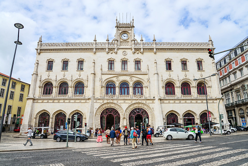 LISBON, PORTUGAL - JULY 3, 2019: View of the famous landmark, Rossio Railway Station entrance, located in Lisbon, Portugal.