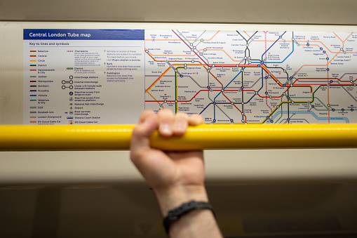 A sign of the London Underground on a subway train. These maps are used to get around the city during power outages or as an aid to non-cellphone owners.