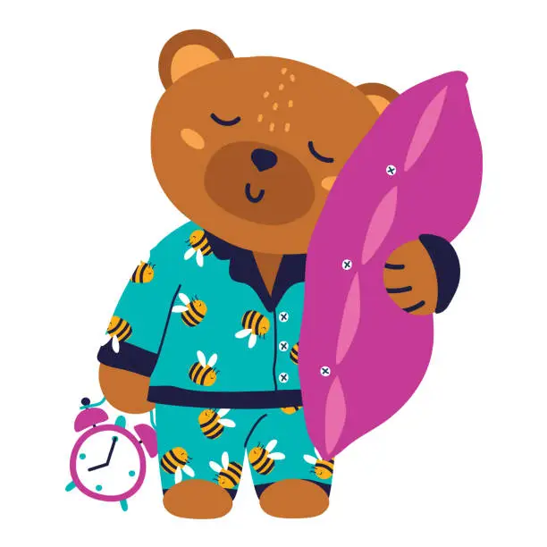 Vector illustration of Bear in pajamas stands with a pillow. Watch in hand. Pajamas with bees. Flat cartoon vector illustration, eps10