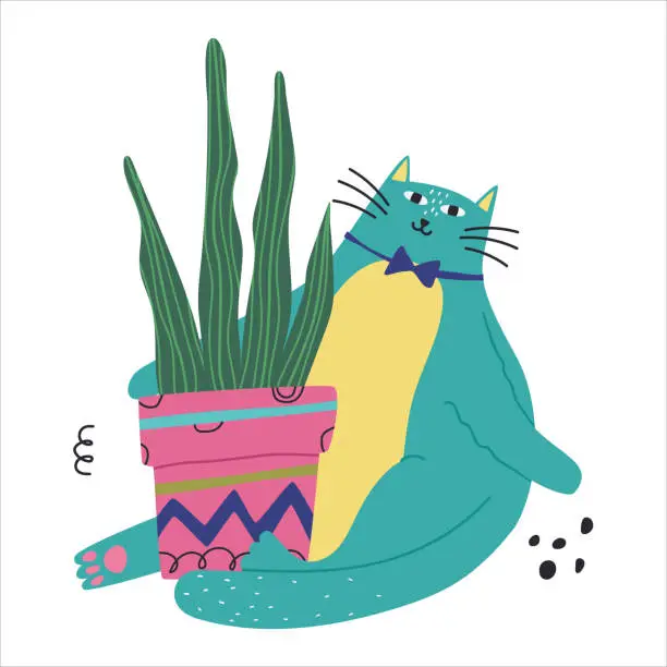 Vector illustration of Cat hugs a flower pot. Flat vector illustration, eps10