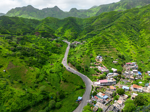 Cape Verde Aerial View. Mountainous Green Santiago Island Landscape. The Republic of Cape Verde is an island country in the Atlantic Ocean. Africa.