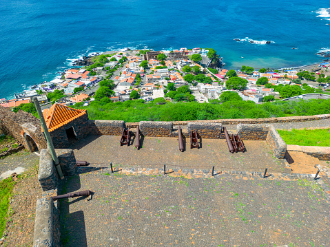 Cidade Velha Sao Filipe Royal Fortress Aerial View. The oldest city in the Republic of Cape Verde. The Republic of Cape Verde is an island country in the Atlantic Ocean. Africa.