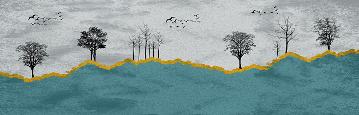 Black trees with golden and turquoise, black and gray mountains on a gray background with white clouds and birds.\n3d illustration wallpaper landscape art\tdecoration