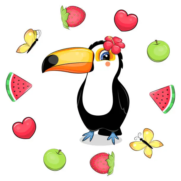 Vector illustration of Cute cartoon toucan in a fruit frame.