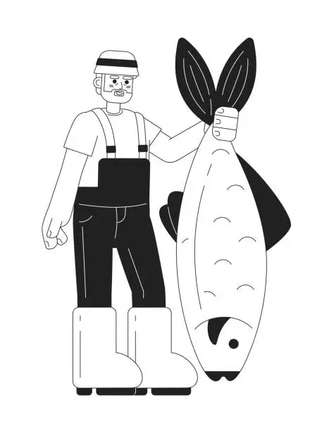 Vector illustration of Happy senior man catching fish monochromatic flat vector character