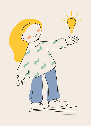 young cute girl with a light bulb. an idea or solution that came to mind vector illustration