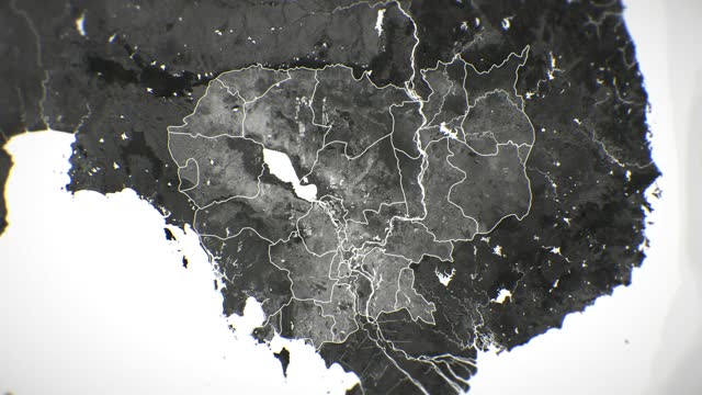 Zoom in on monochrome map of Cambodia, 4K, high quality, dark theme, simple world map, monochrome style, night, highlighted country, satellite and aerial view of provinces, state, city, town