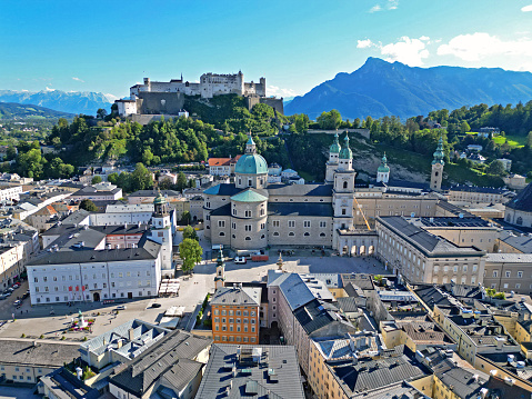 Beautiful view of Salzburg skyline with Festung Hohensalzburg and Salzach river in summer, Salzburg, Salzburger Land, Austria.