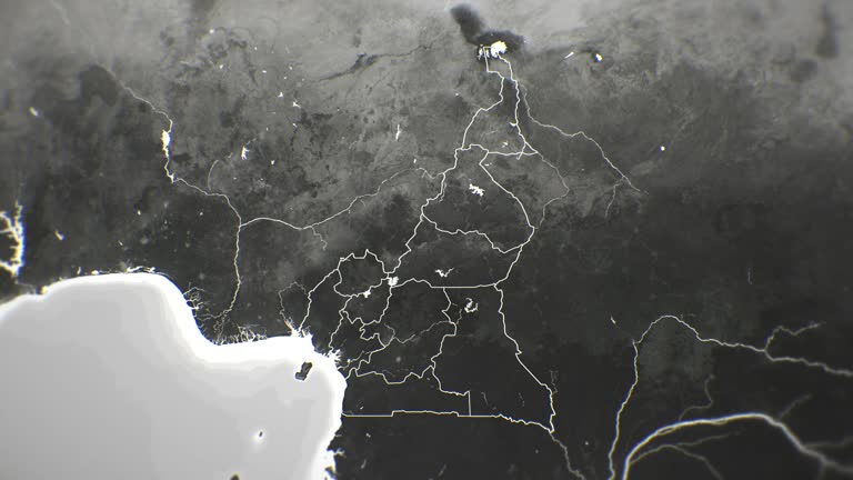 Zoom in on monochrome map of Cameroon, 4K, high quality, dark theme, simple world map, monochrome style, night, highlighted country and cities, satellite and aerial view of provinces, state, city, town