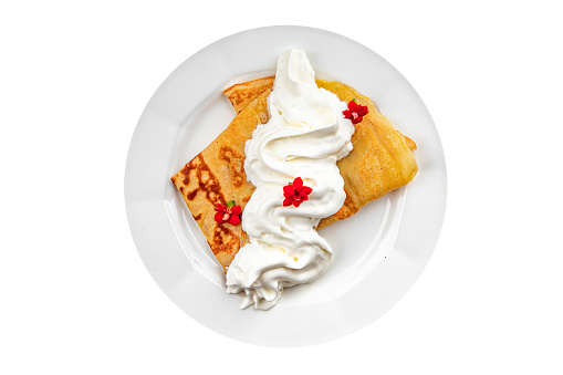 crepes whipped cream pancakes portion sweet delicious dessert appetizer meal food snack on the table copy space food background rustic top view