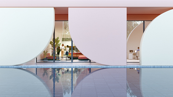 Pastel facade of a modern office building with a reflecting pool. All objects in the scene are 3d