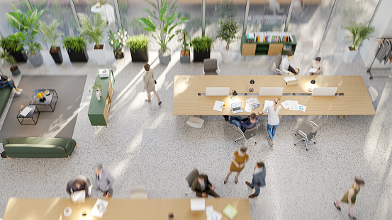 A large modern office interior, high angle view. All objects in the scene are 3D