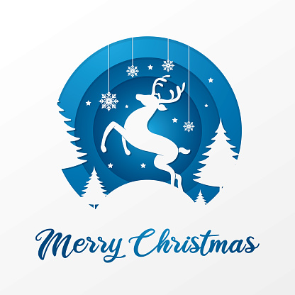 Blue coloured paper cut Reindeer Christmas card illustration with Merry Christmas text isolated on white background.