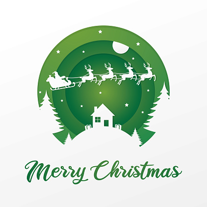 Green coloured paper cut Santa Claus and flying reindeers illustration with Merry Christmas text isolated on white background.