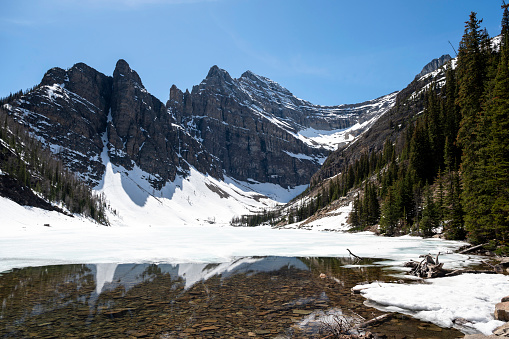 Lake Agnes in Lake Lousie. Beautiful mountain landscapes in Spring.