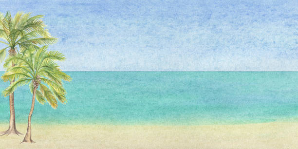 istock Watercolor illustration background for a postcard or banner with a stylized sea beach and palm trees. Clipart for design 1715453145