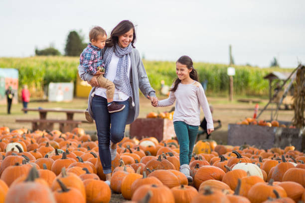 istock Mother with two children at a pumpkin patch 1715453727