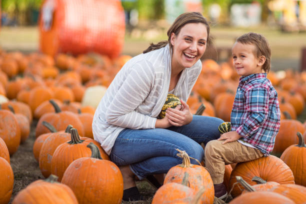 istock Smiling mother sits with toddler son in a pumpkin patch 1715453732