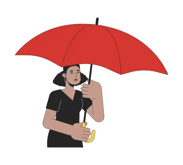 Vector illustration of African american woman under umbrella flat line color vector character