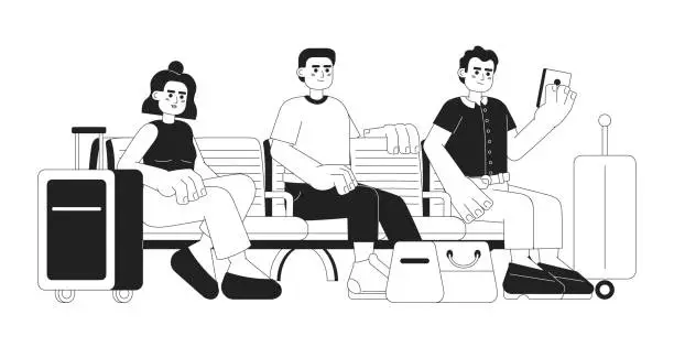 Vector illustration of Travelers with suitcases monochromatic flat vector character