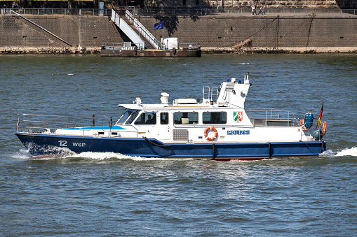 Cologne, Germany - May 5, 2018: police patrol boat 'WSP 12' on the river Rhine
