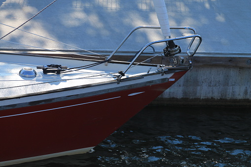 Steering wheel and control panel on luxury motorboat, background with copy space, full frame horizontal composition