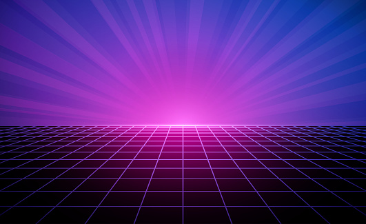 Bright pink and blue retro 80's vaporwave synthwave style vector glowing tiled grid floor horizon background illustration with shining rays of light