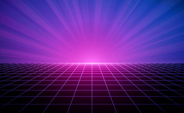 Retro purple vapor-wave horizon grid background Bright pink and blue retro 80's vaporwave synthwave style vector glowing tiled grid floor horizon background illustration with shining rays of light 80s stock illustrations