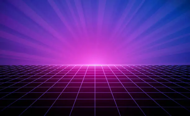 Vector illustration of Retro purple vapor-wave horizon grid background