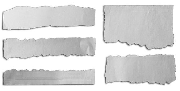 Five pieces of torn paper on white background