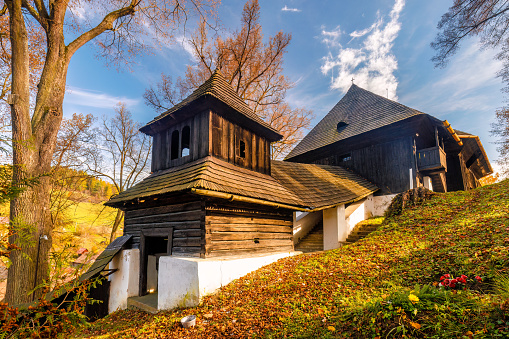 The Lestiny, wooden articular historic church at autumn in Slovakia, Europe.