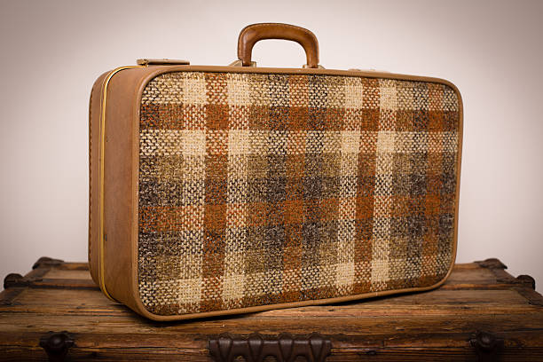 istock Retro Plaid Suitcase, Sitting on Wood Trunk 171552781
