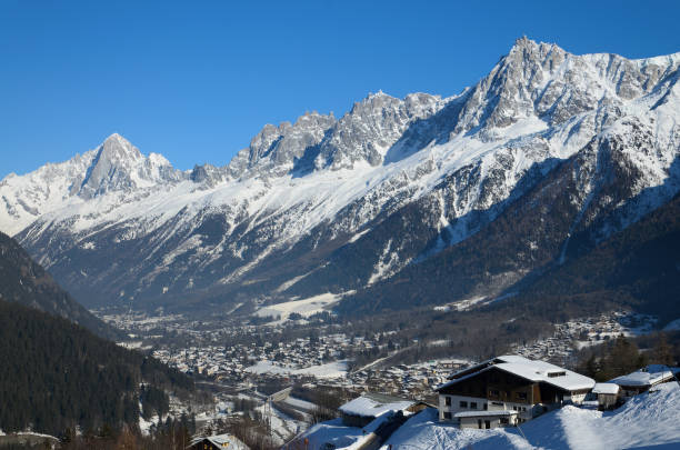 Picturesque mountain peak landscape in the Alps in winter, Chamonix-Mont-Blanc. High mountains in France.