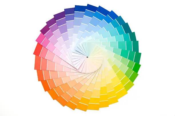A rainbow of sample paint color swatches
