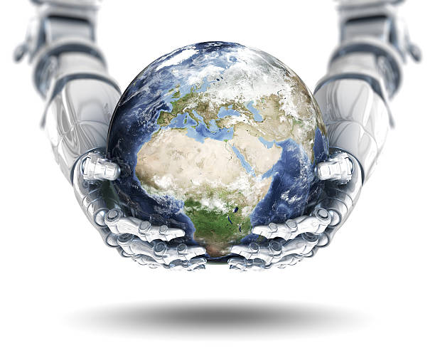 Global Technology - European Eastern Hemisphere Earth in the being held in robotic hands eastern hemisphere stock pictures, royalty-free photos & images