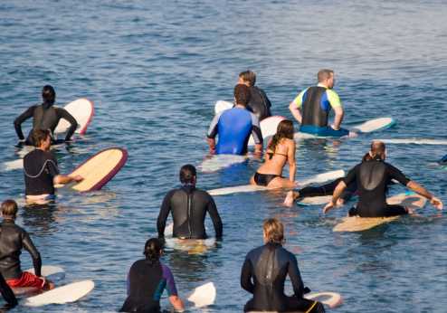 Surfers gather in the lineup and wait for the next set of waves.  Someone stands out in the crowd!