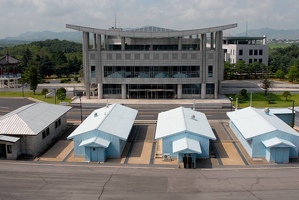 Panmunjom, South Korea - March 2nd, 2013: South Korean soldiers routinely guarding border between North and South Korea  at the Demilitarized Zone at Panmunjom.