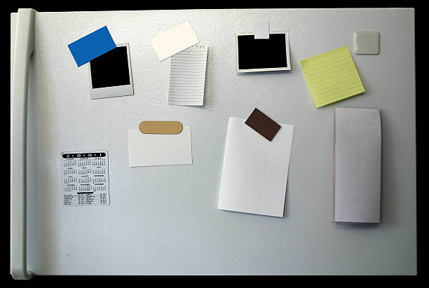 Refrigerator Interface with Objects Photo of a refrigerator with various objects attached by magnets. Notepad, calender, photo, memo pad, inviation plus others. Objects are a slightly grungy to give a life like appearance. This is not a computer rendered fridge it is an actual photo. magnet photos stock pictures, royalty-free photos & images