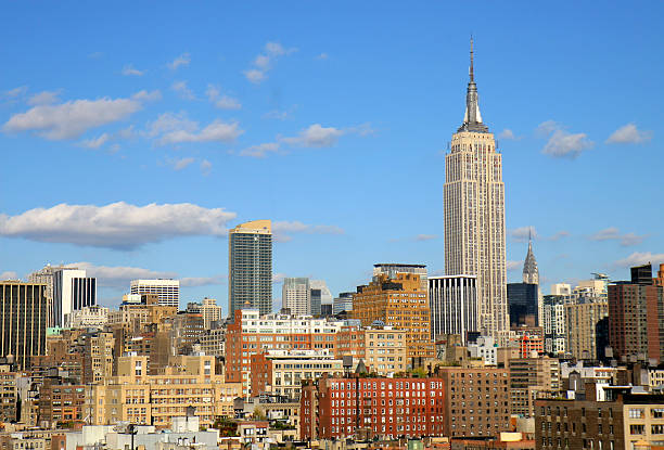 Shot in day time from Chelsea @ Manhattan Empire State Building and its neighborhood. Around 3pm. Clear sky with little clouds. Skyscraper view.