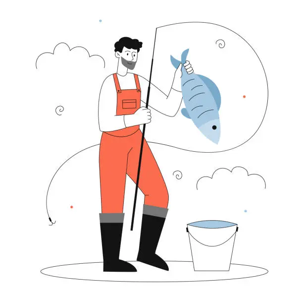 Vector illustration of Bearded fisherman with fish vector line