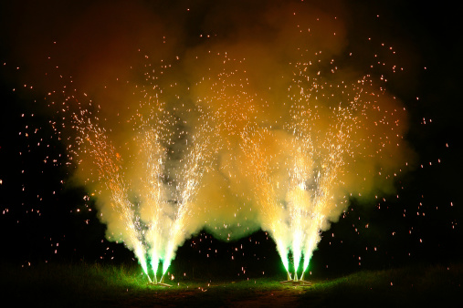 Lots of people watching the fireworks at the San Fermin festivities. Pamplona Navarre. Spain